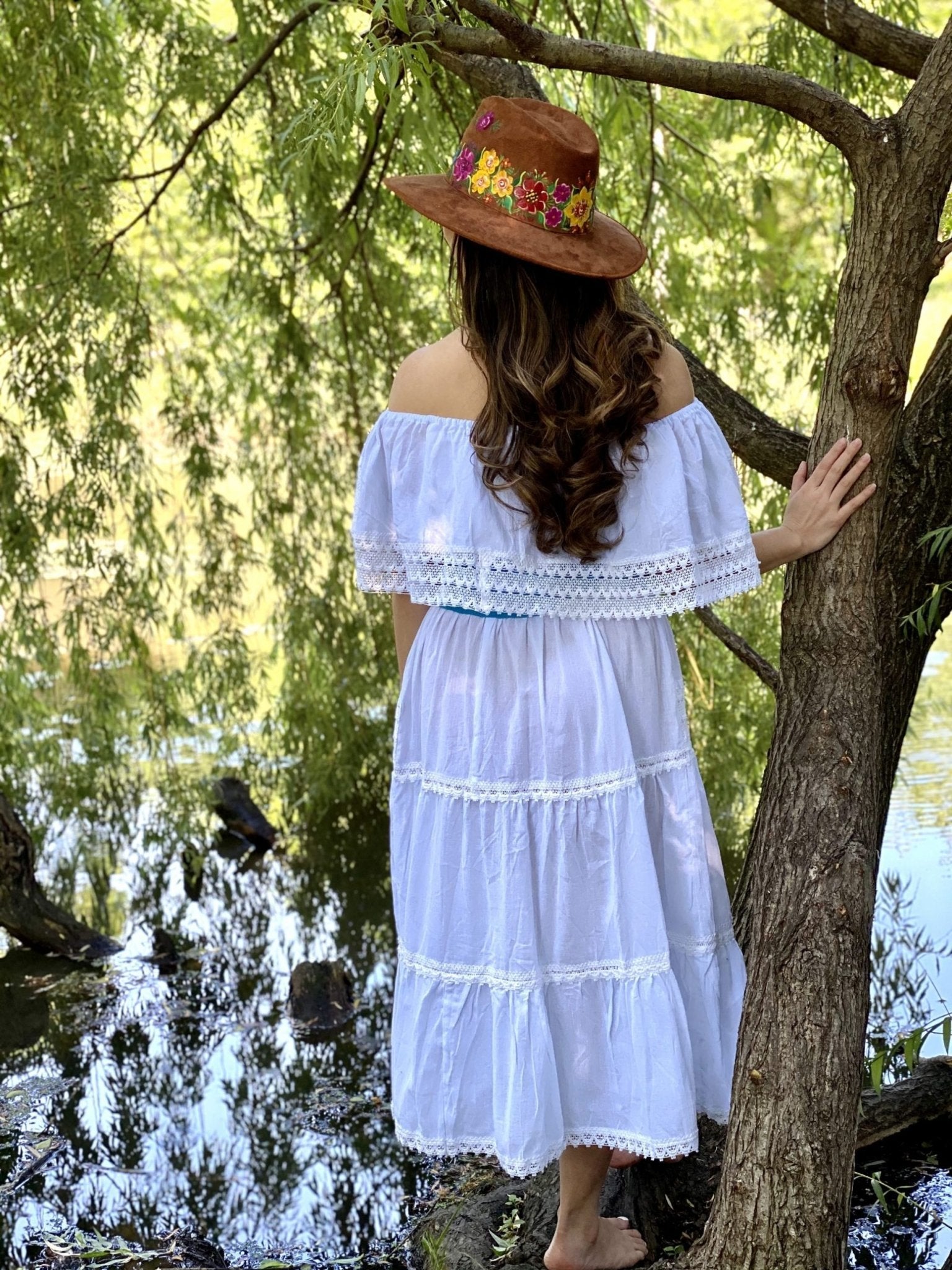 Lace Trim Peasant Dress. Mexican Off the Shoulder Dress. Floral Embroidered Dress. Mexican Artisanal Dress. - Solei Store