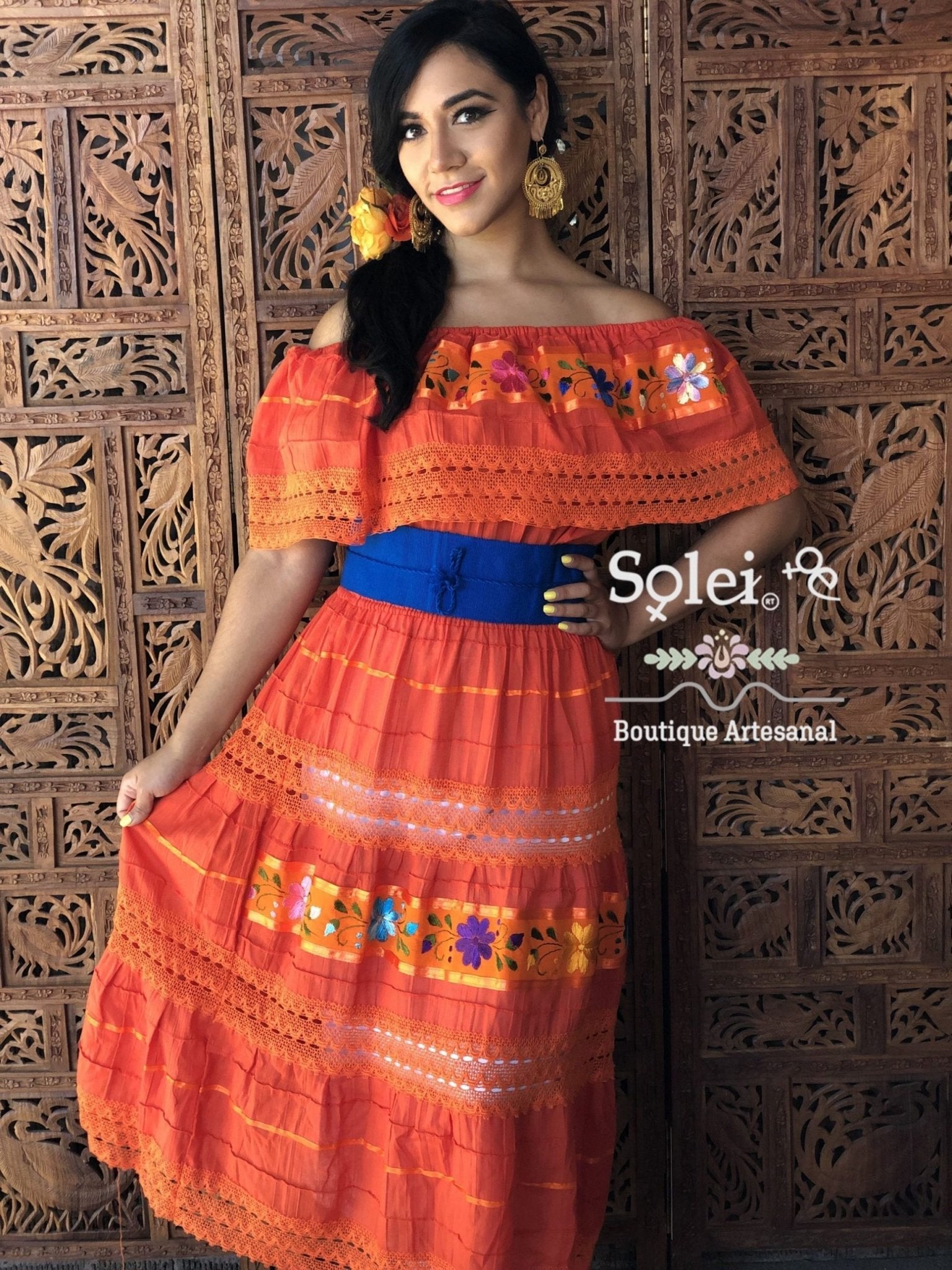 Lace Trim Peasant Dress. Mexican Off the Shoulder Dress. Floral Embroidered Dress. Mexican Artisanal Dress. - Solei Store