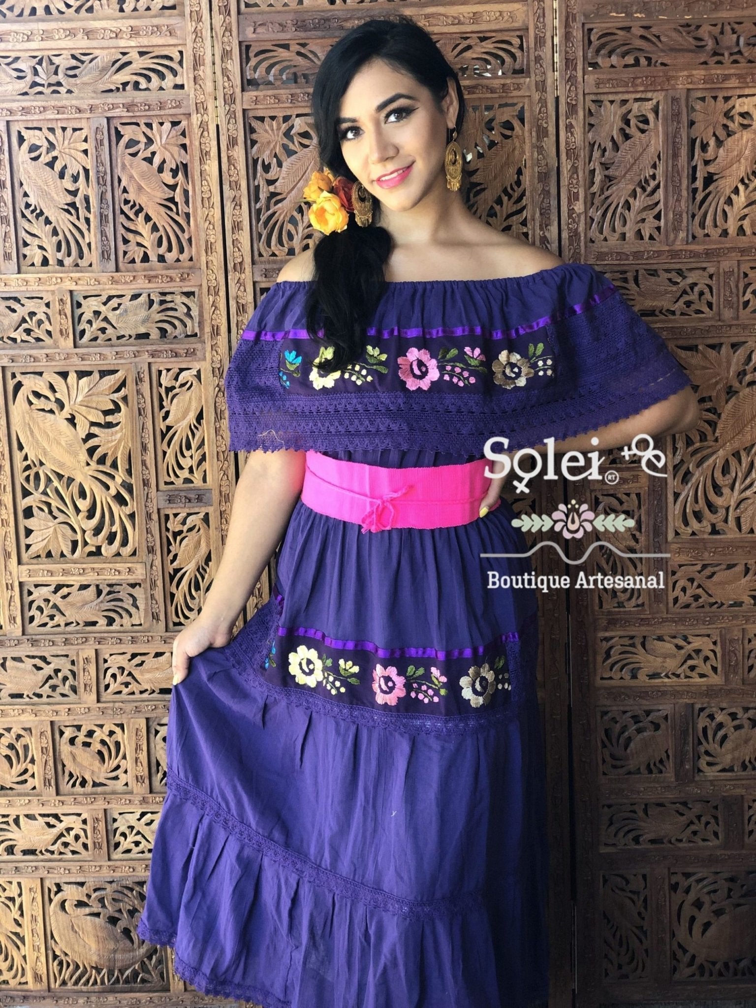 Lace Trim Peasant Dress. Mexican Off the Shoulder Dress. Floral Embroidered Dress. Mexican Artisanal Dress. - Solei Store