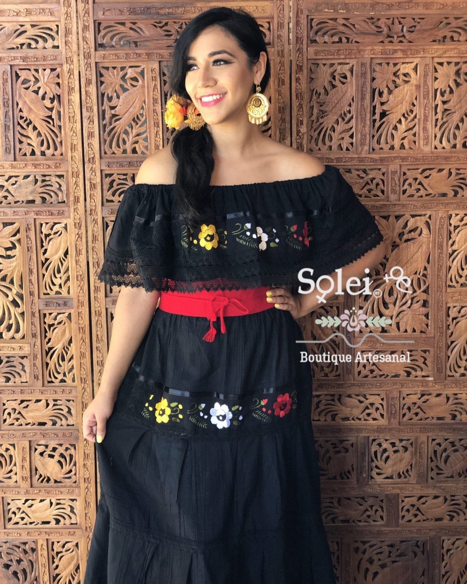 Lace Trim Peasant Dress. Mexican Off the Shoulder Dress. Floral Embroidered Dress. Mexican Artisanal Dress. - Solei Store