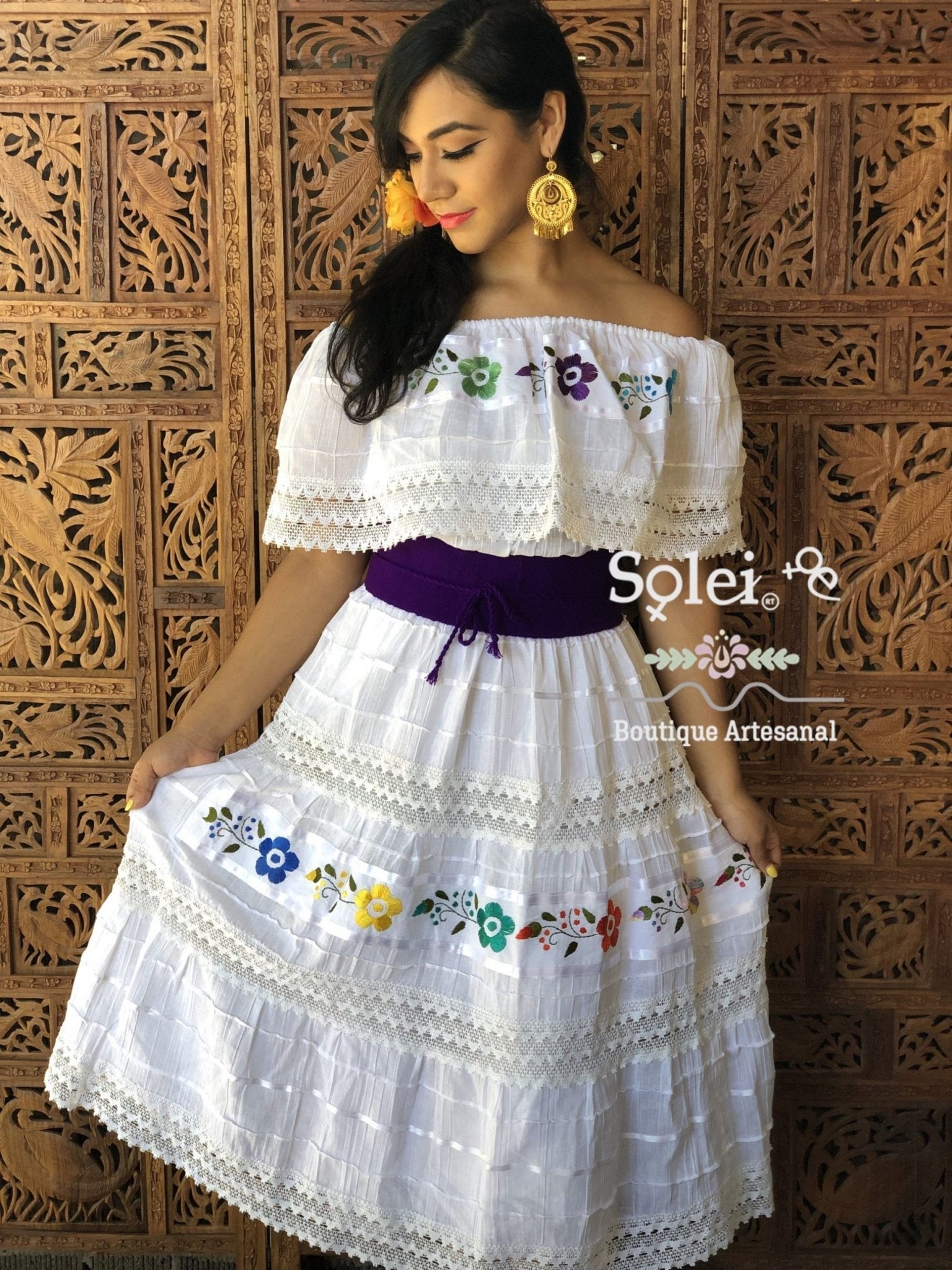 Lace Trim Peasant Dress. Mexican Off the Shoulder Dress. Floral Embroidered Dress. Mexican Artisanal Dress. - Solei Store