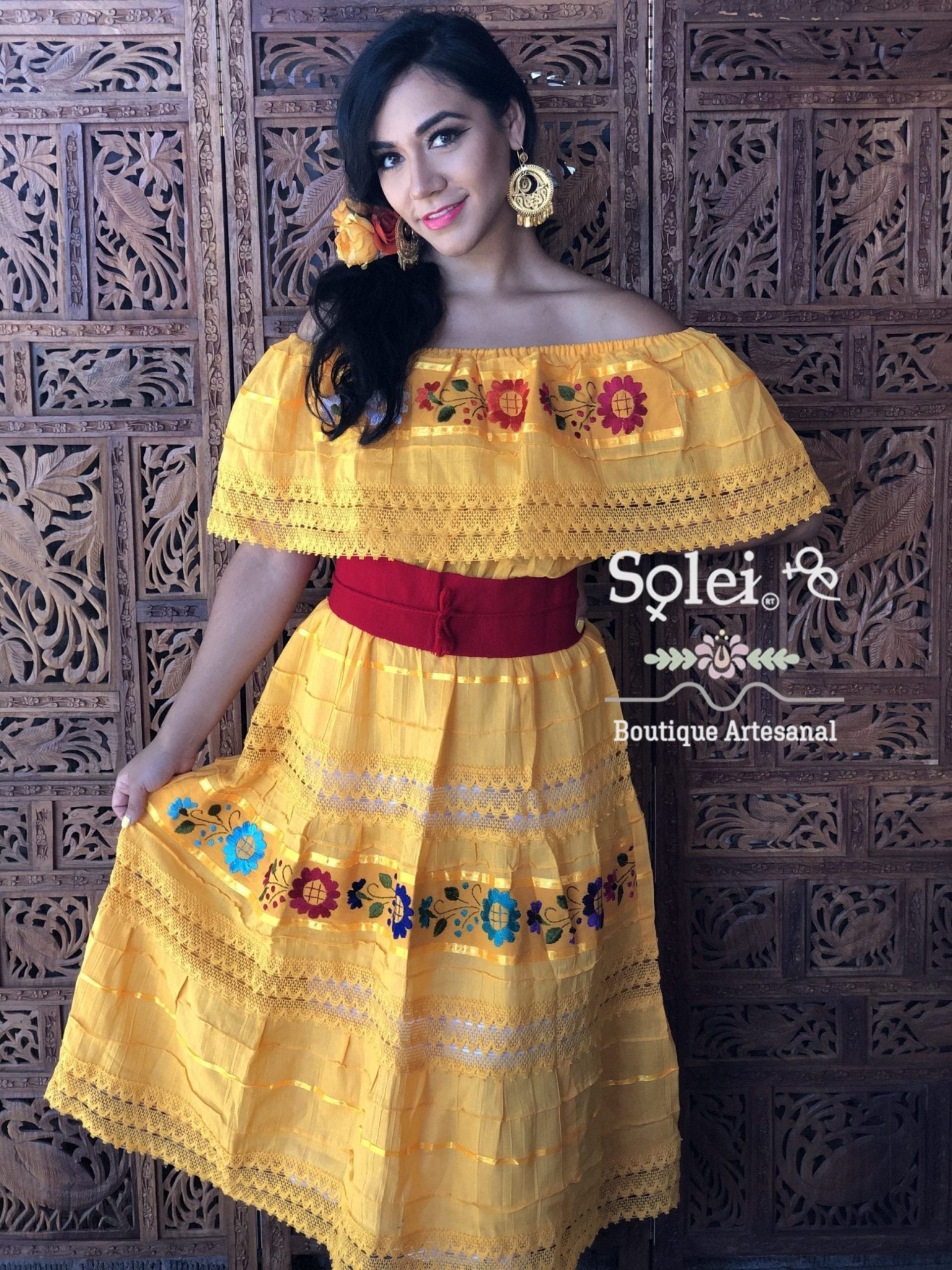 Lace Trim Peasant Dress. Mexican Off the Shoulder Dress. Floral Embroidered Dress. Mexican Artisanal Dress. - Solei Store