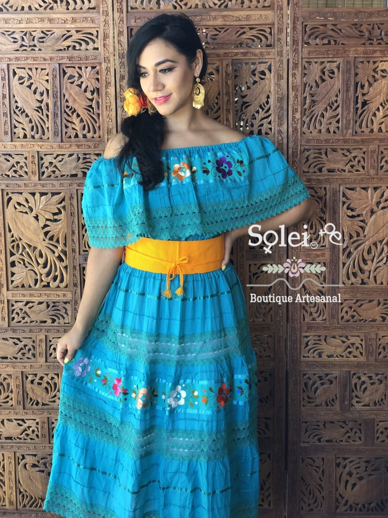 Lace Trim Peasant Dress. Mexican Off the Shoulder Dress. Floral Embroidered Dress. Mexican Artisanal Dress. - Solei Store