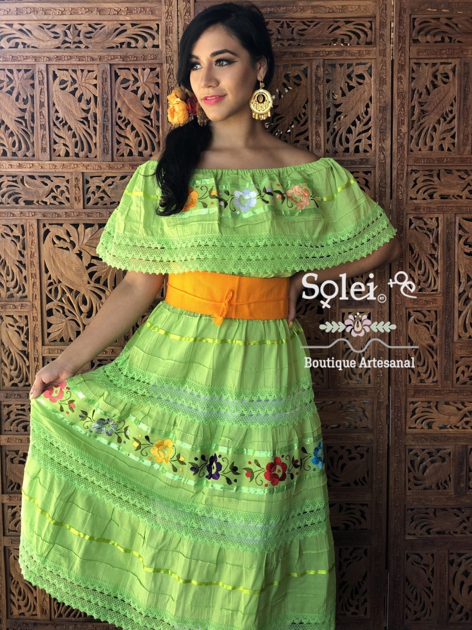 Lace Trim Peasant Dress. Mexican Off the Shoulder Dress. Floral Embroidered Dress. Mexican Artisanal Dress. - Solei Store