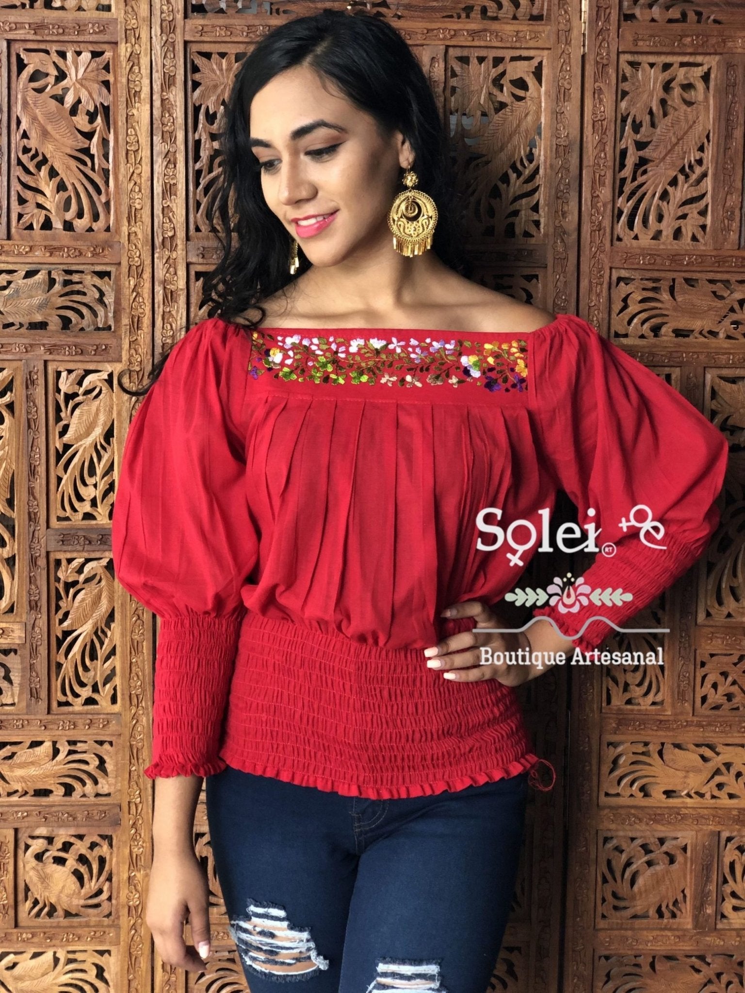 Laura Blouse 3/4 length bishop sleeves Off shoulder blouse with dainty hand embroidered flowers. - Solei Store