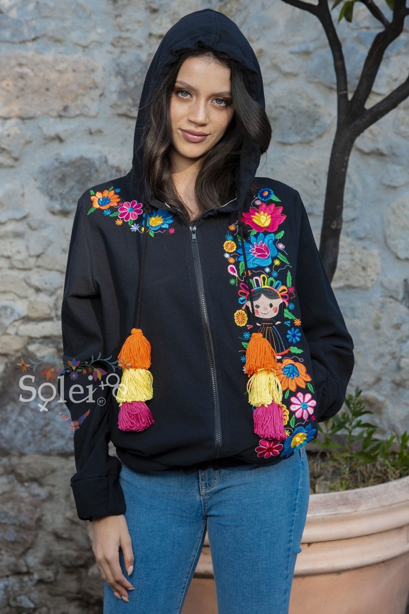 Lele Windbreaker jacket floral & Lele Doll Mexican design embroidered - Solei Store