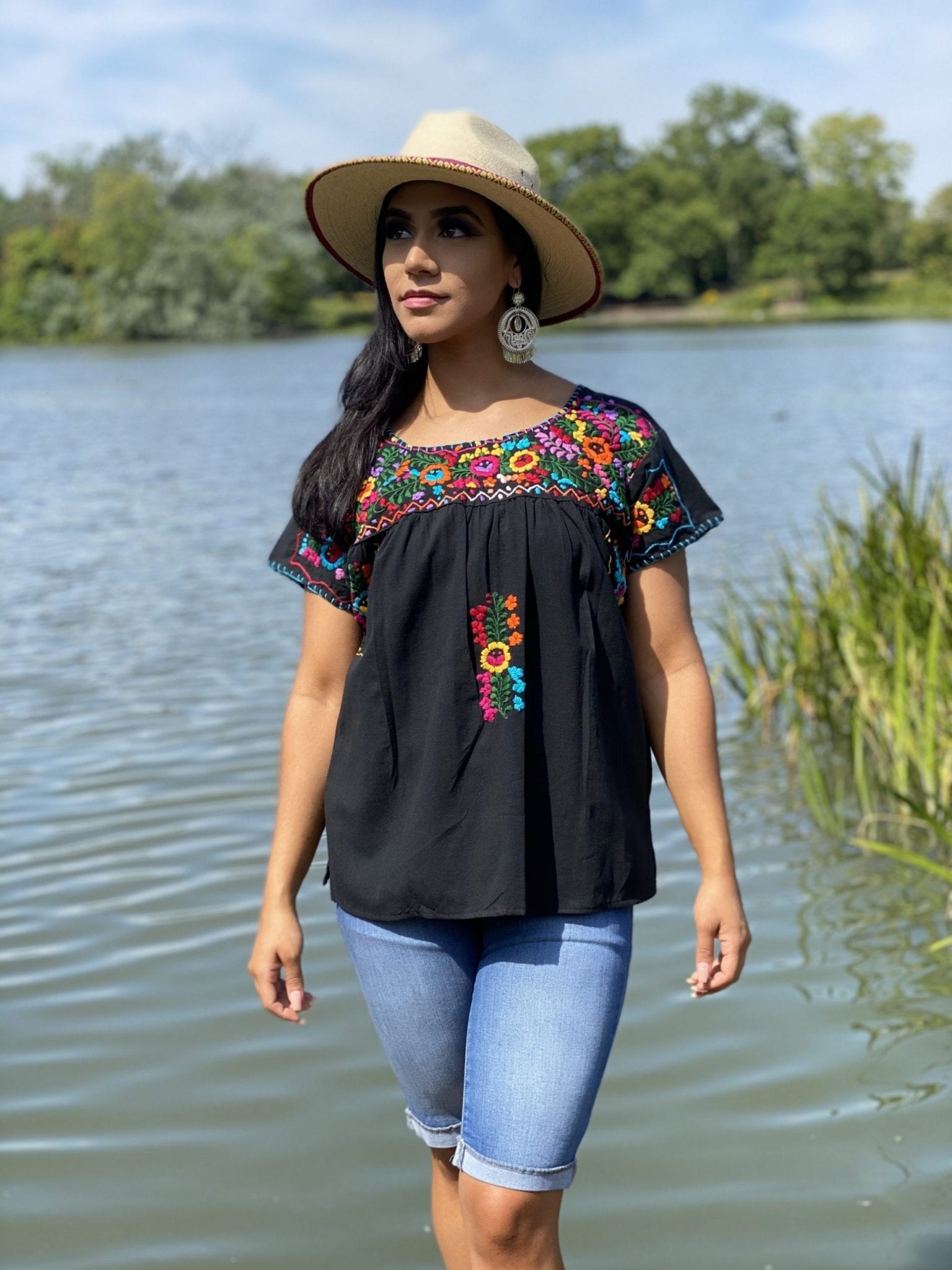 Lina Blouse Short sleeve tunic blouse with floral design on the front and back - Solei Store