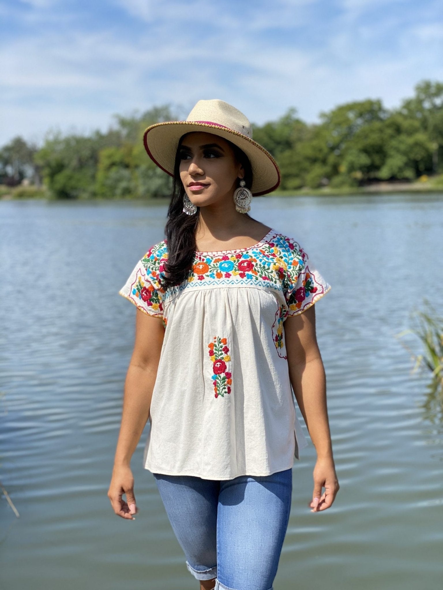 Lina Blouse Short sleeve tunic blouse with floral design on the front and back - Solei Store