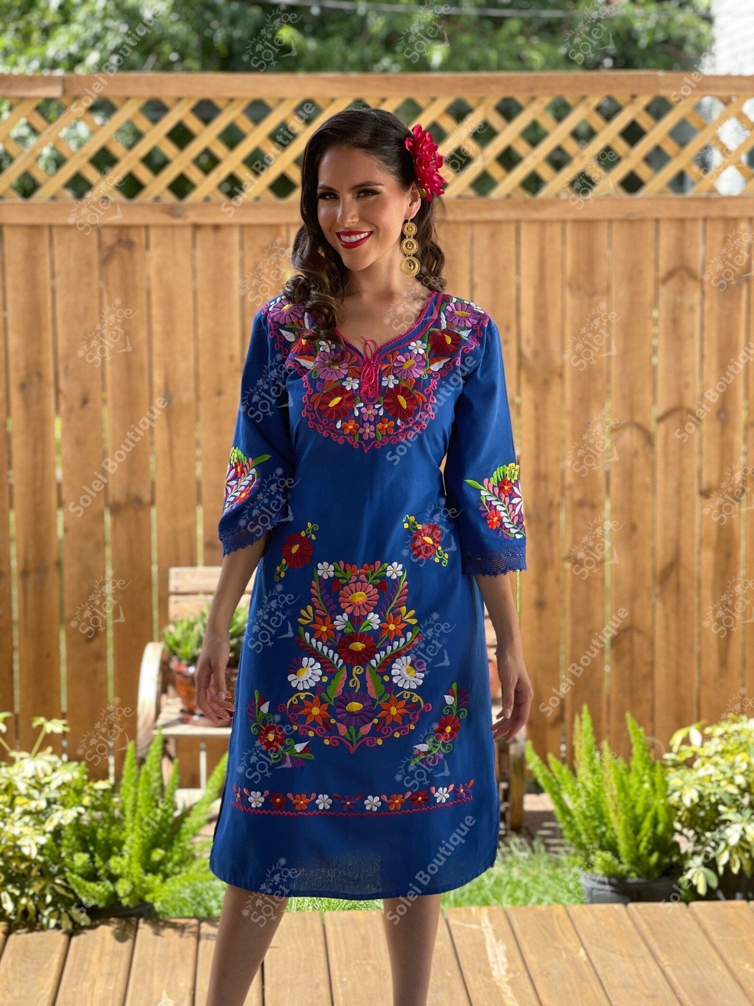 Long Mexican Floral Embroidered Kimono Dress. Kimono Deluxe Largo - Solei Store