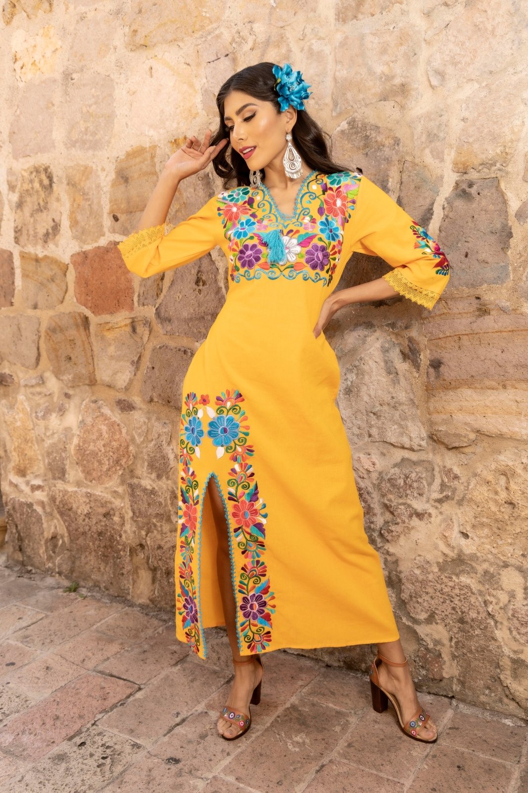 Multicolor Floral Mexican Dress. Yellow Dress-Multicolor Floral Design