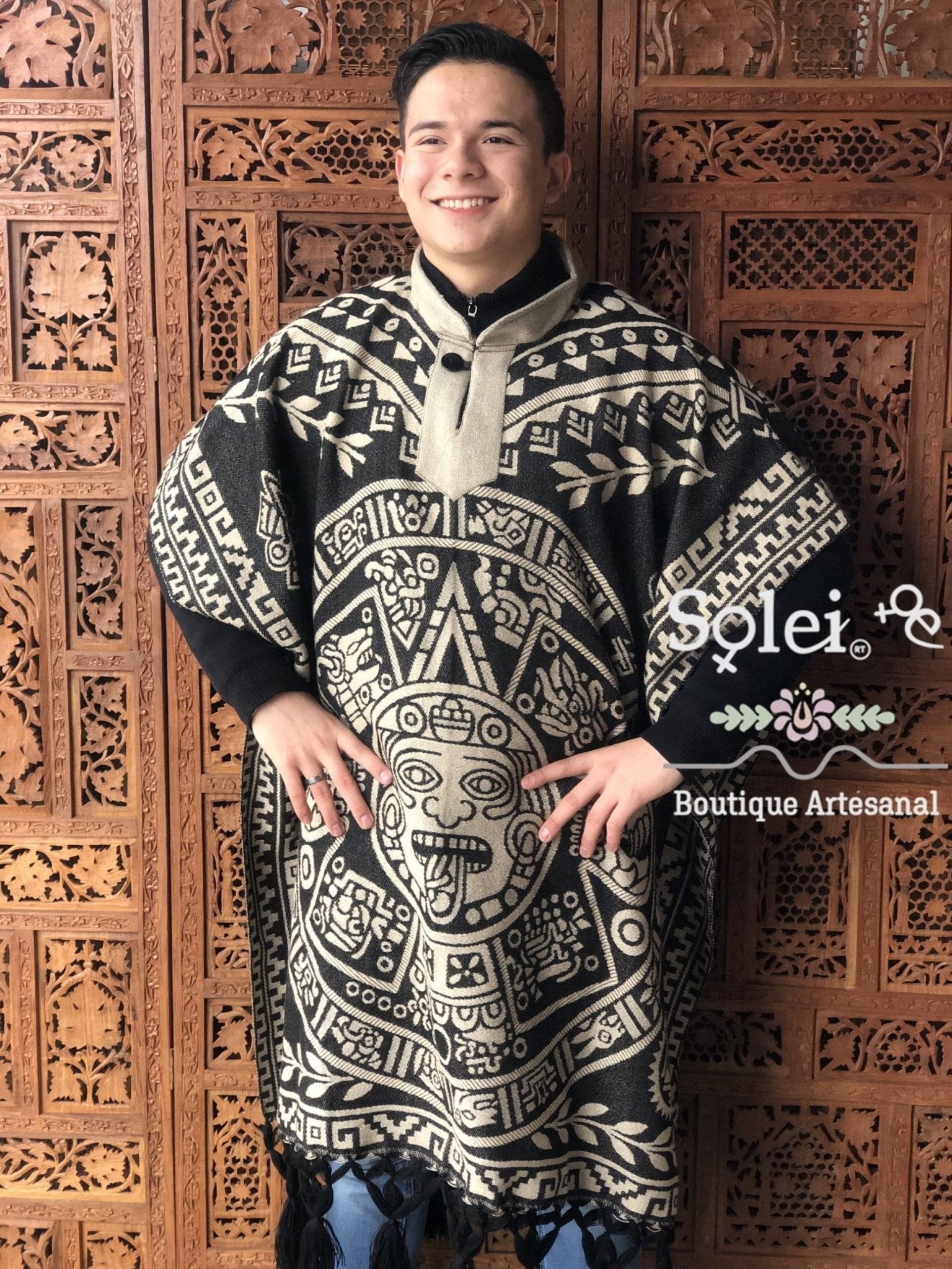 Mens Mexican Aztec Calendar Poncho. Gaban Calendario Azteca. - Solei Store