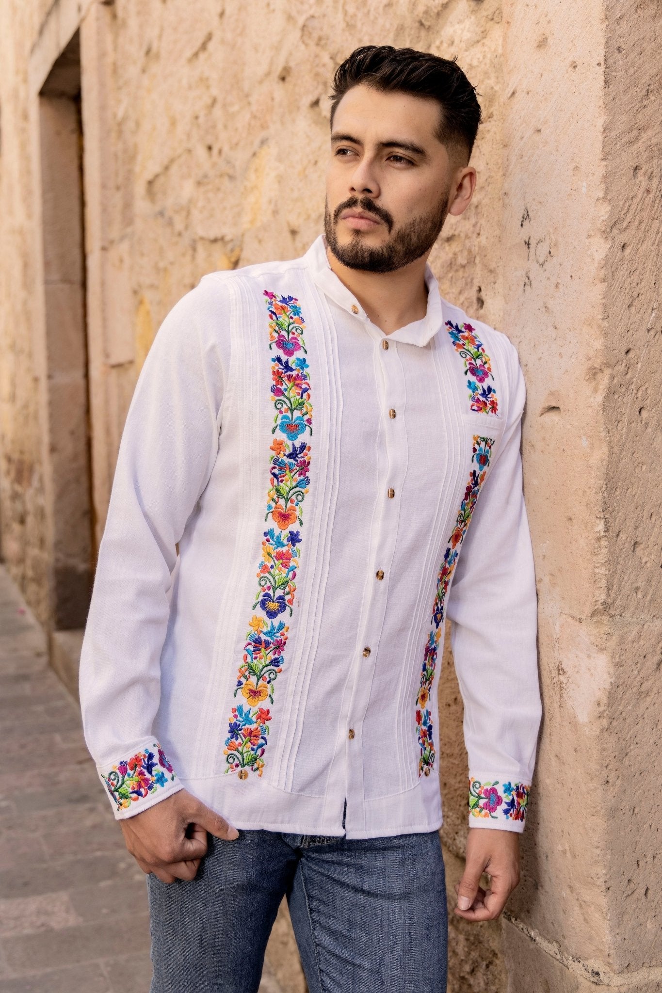 Men's Mexican Traditional Floral Embroidered Guayabera. Guayabera Morelia - Solei Store