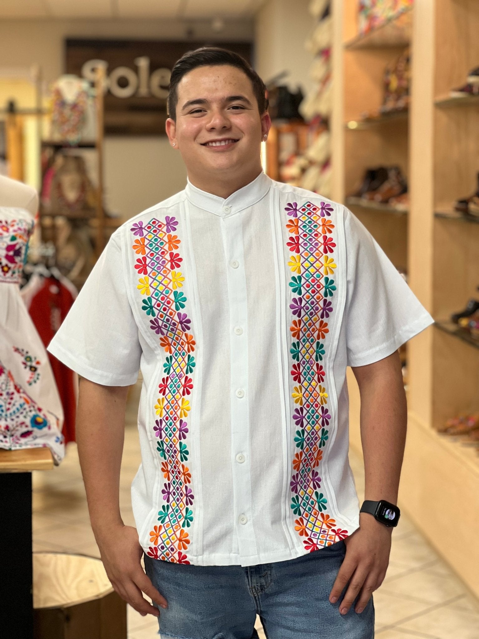 Men's Mexican Traditional Floral Embroidered Guayabera. Guayabera Tulum - Solei Store