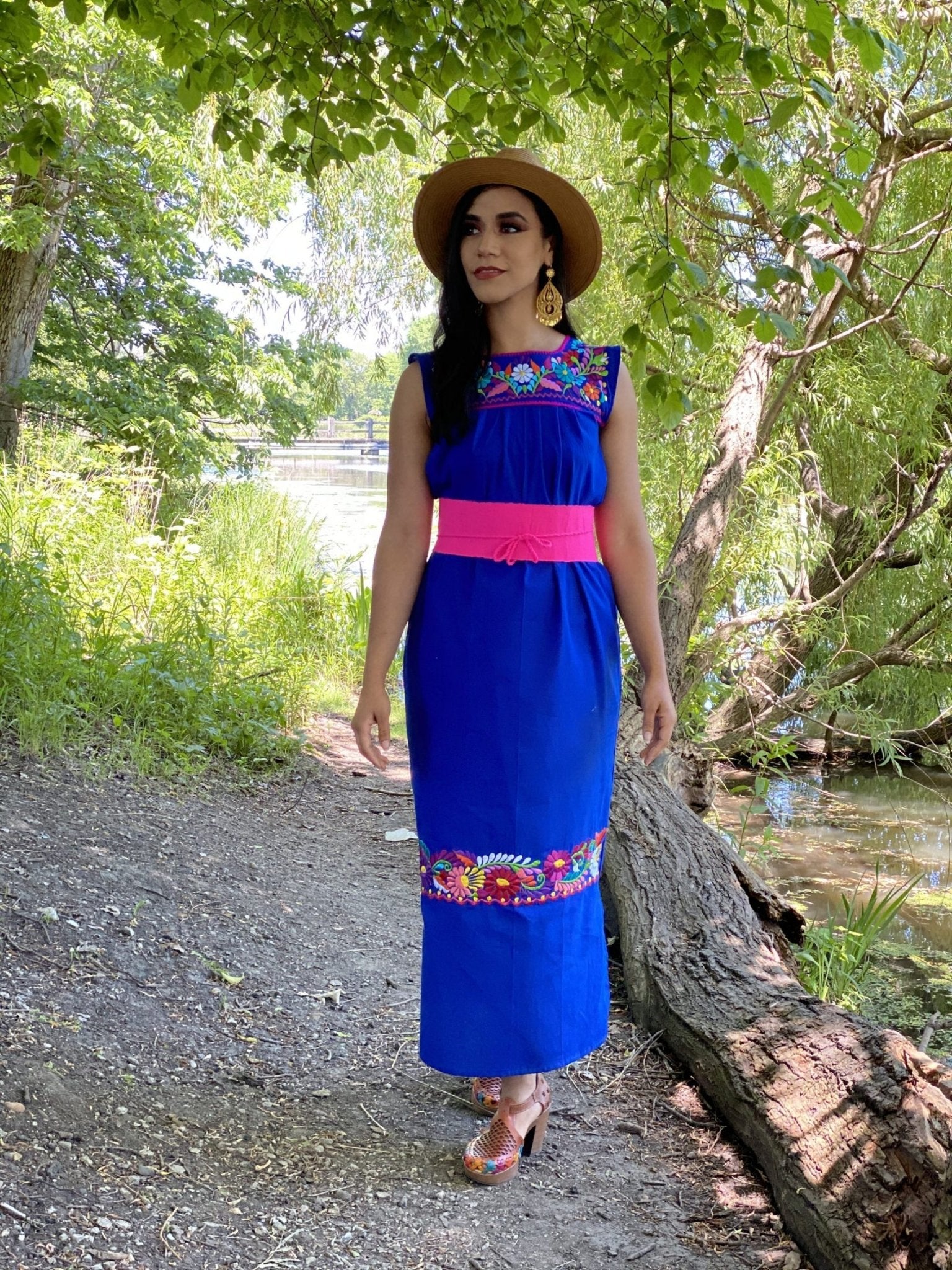 Mexican Artisan Maxi Dress. Traditional Mexican dress. Handmade embroidery, straight cut gown style dress with crochet details. - Solei Store