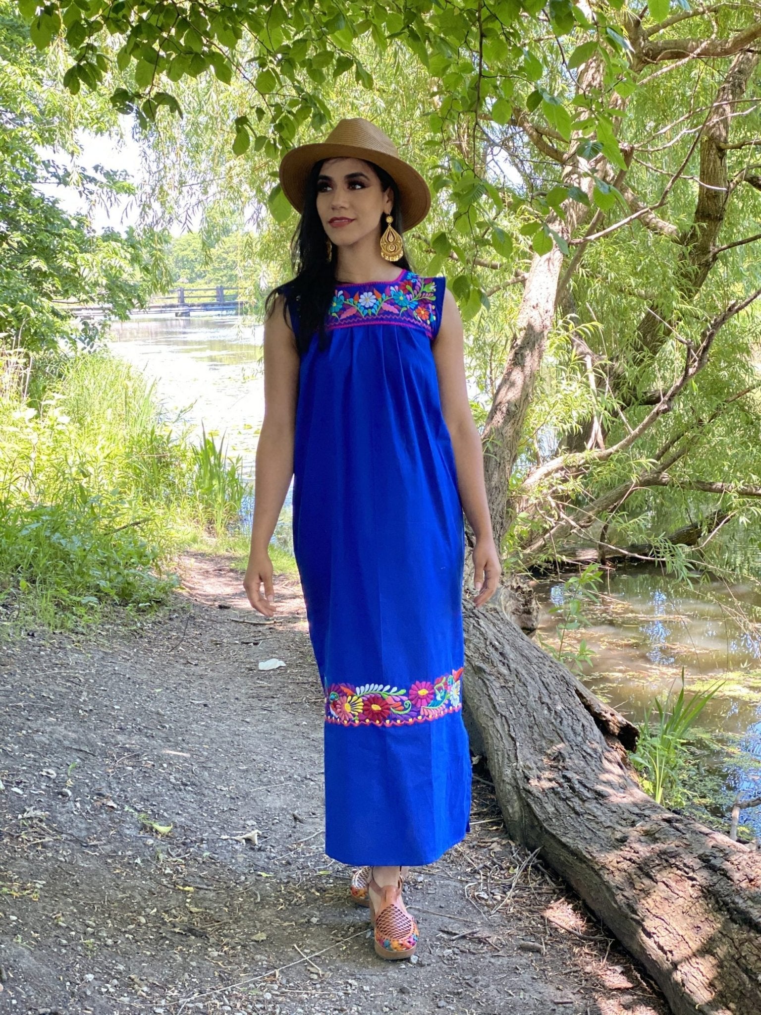 Mexican Artisan Maxi Dress. Traditional Mexican dress. Handmade embroidery, straight cut gown style dress with crochet details. - Solei Store