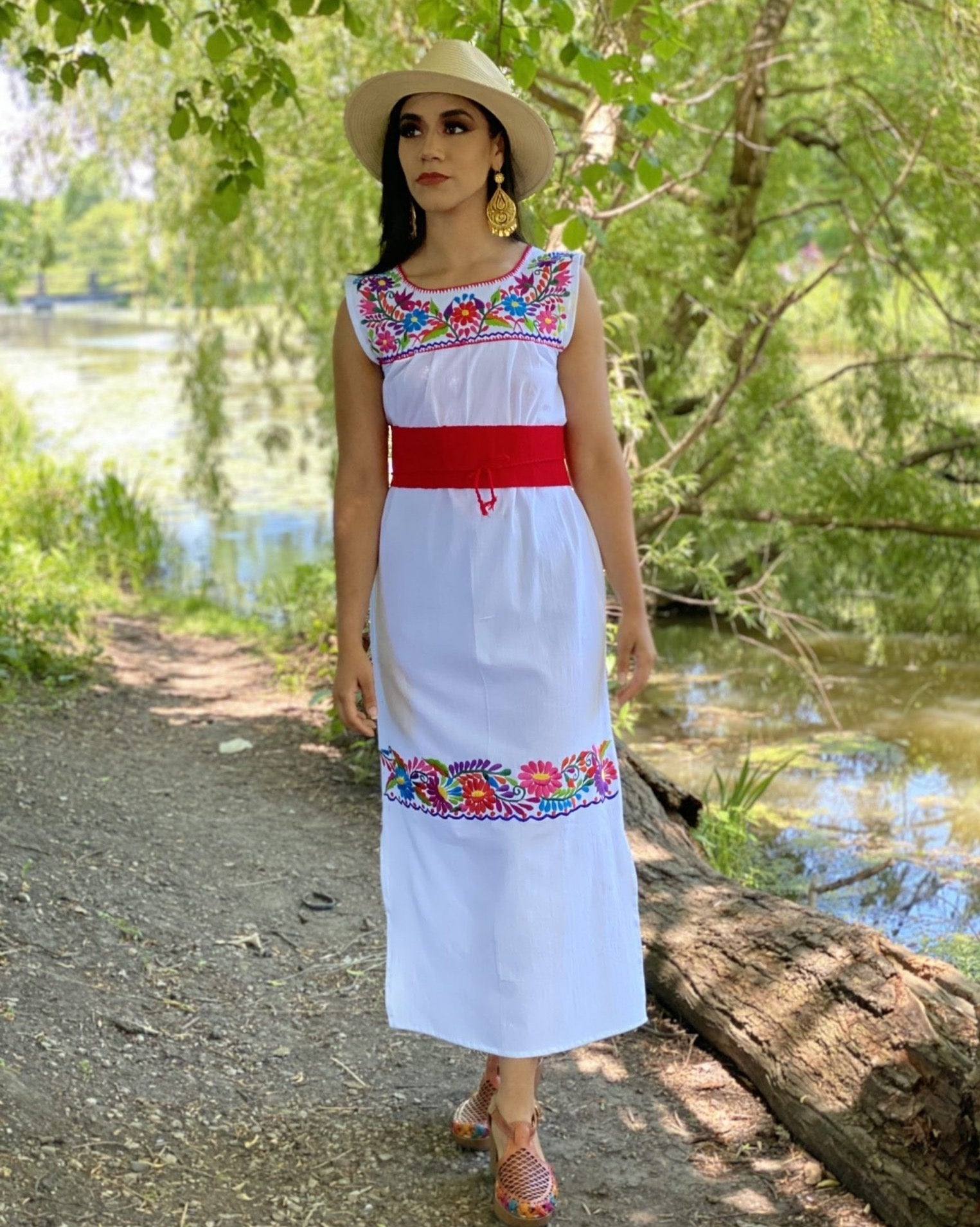 Mexican Artisan Maxi Dress. Traditional Mexican dress. Handmade embroidery, straight cut gown style dress with crochet details. - Solei Store