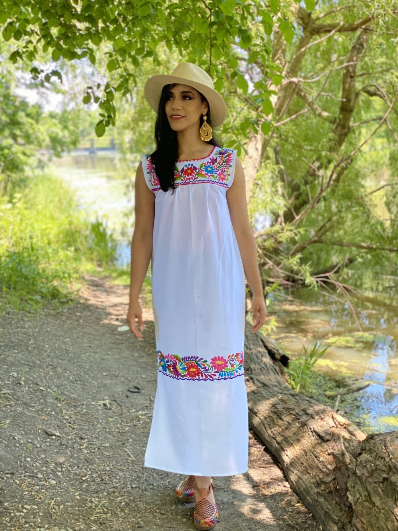 Mexican Artisan Maxi Dress. Traditional Mexican dress. Handmade embroidery, straight cut gown style dress with crochet details. - Solei Store