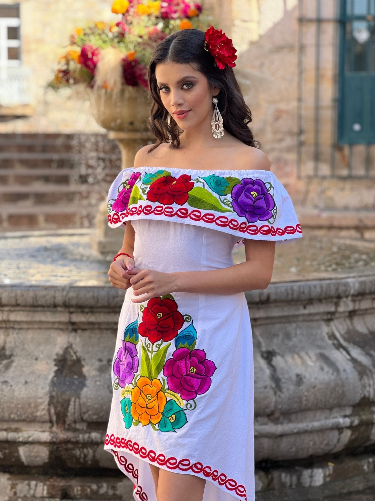 Mexican Artisanal Asymmetrical Dress. Vestido Rosaura Floral - Solei Store