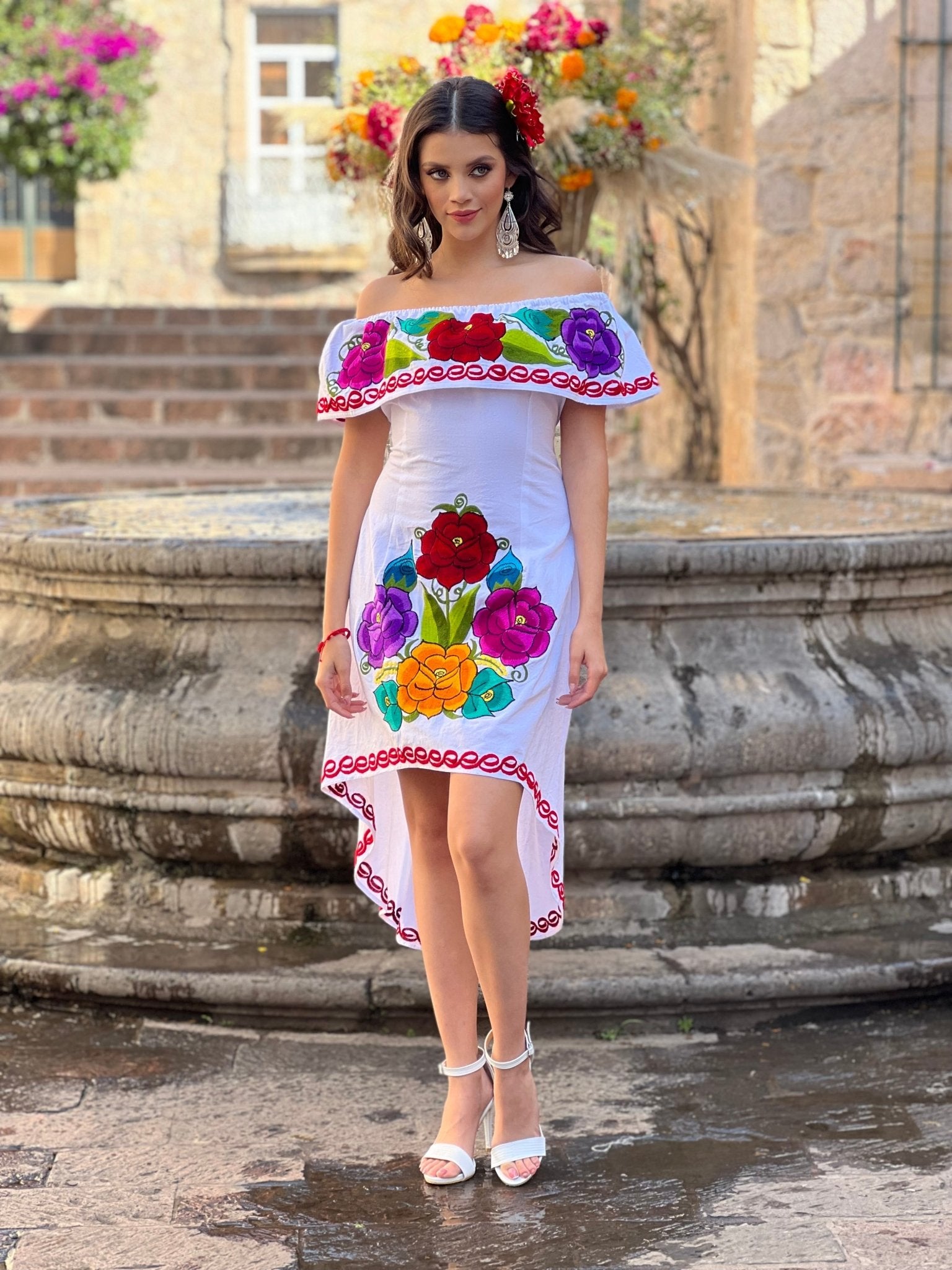 Mexican Artisanal Asymmetrical Dress. Vestido Rosaura Floral - Solei Store