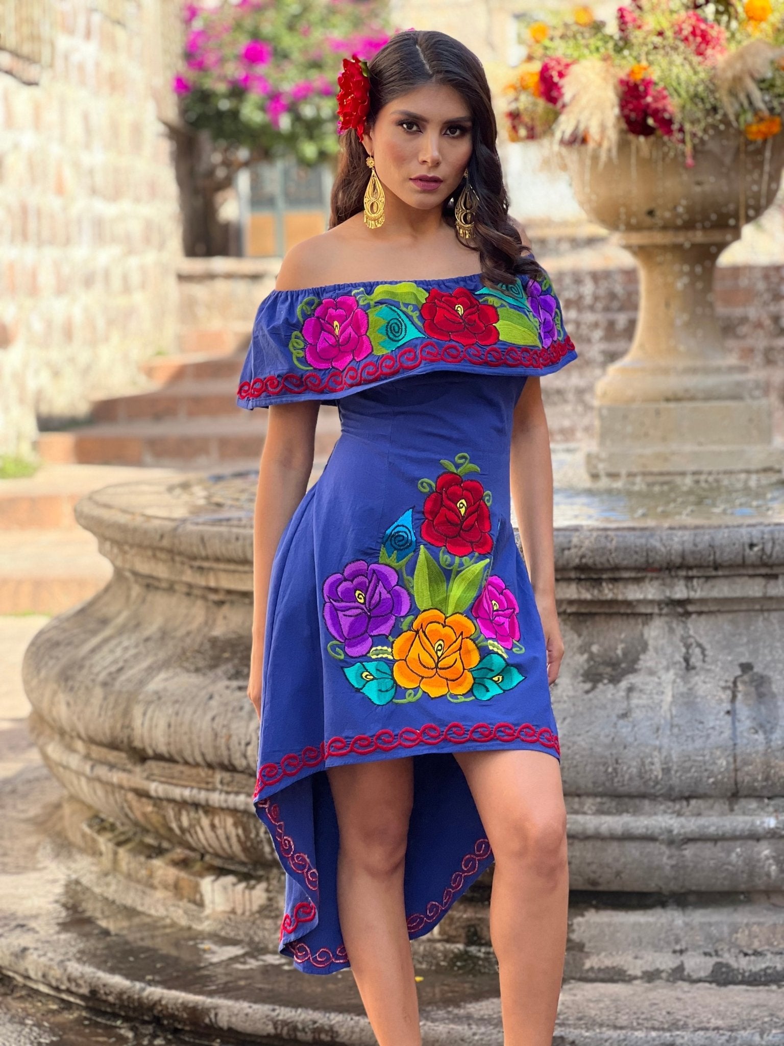 Mexican Artisanal Asymmetrical Dress. Vestido Rosaura Floral - Solei Store