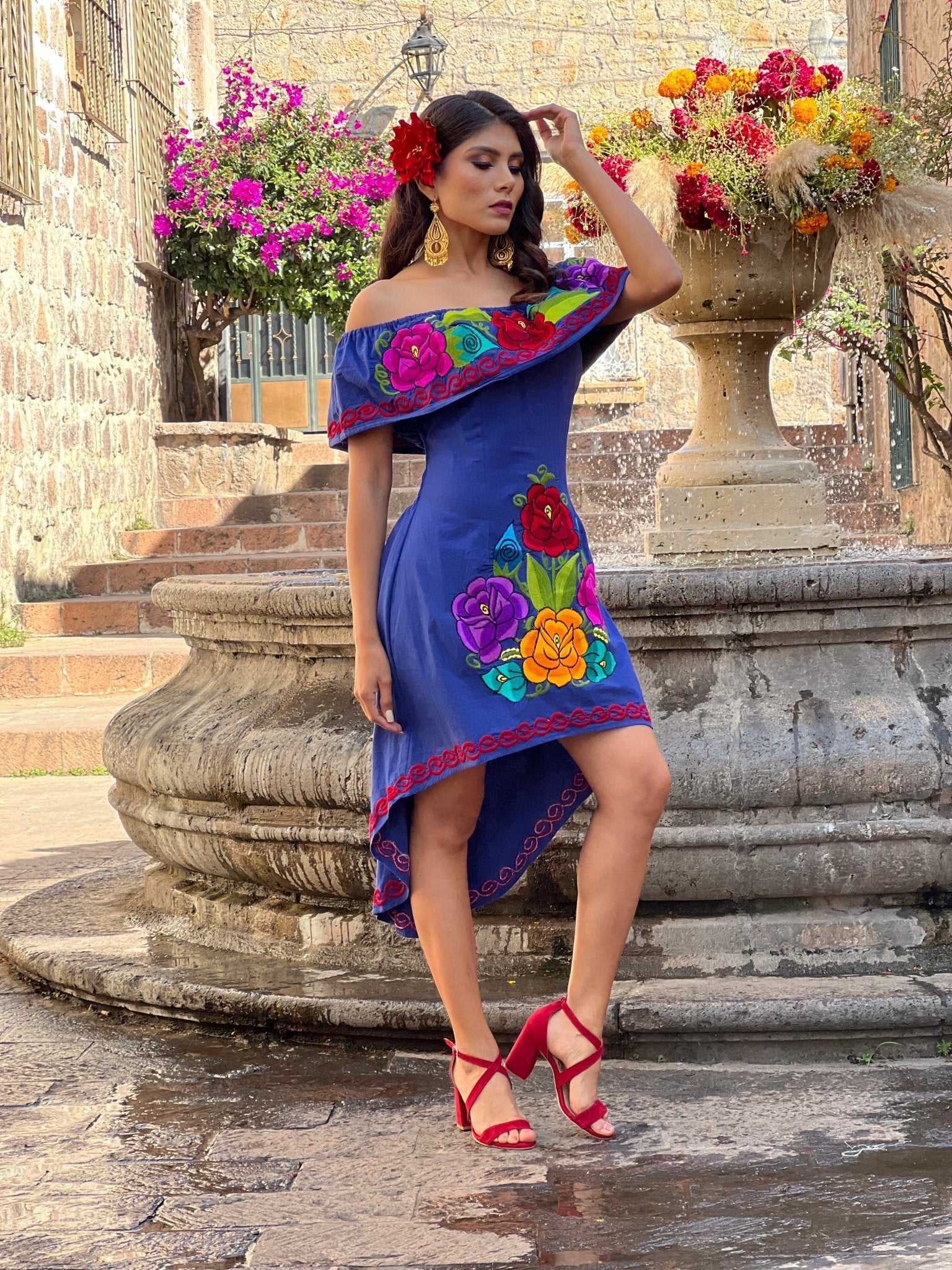 Mexican Artisanal Asymmetrical Dress. Vestido Rosaura Floral - Solei Store