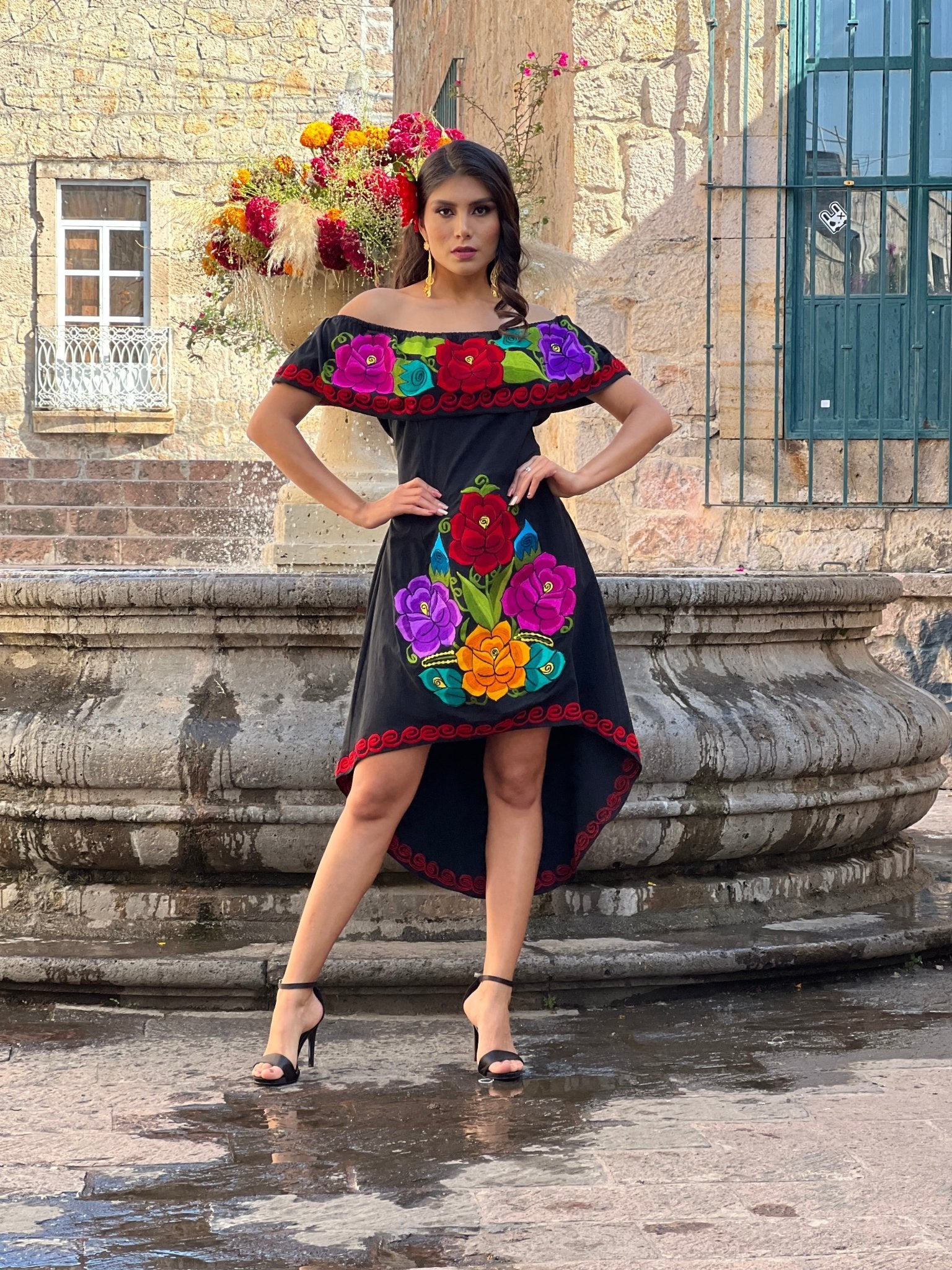 Mexican Artisanal Asymmetrical Dress. Vestido Rosaura Floral - Solei Store