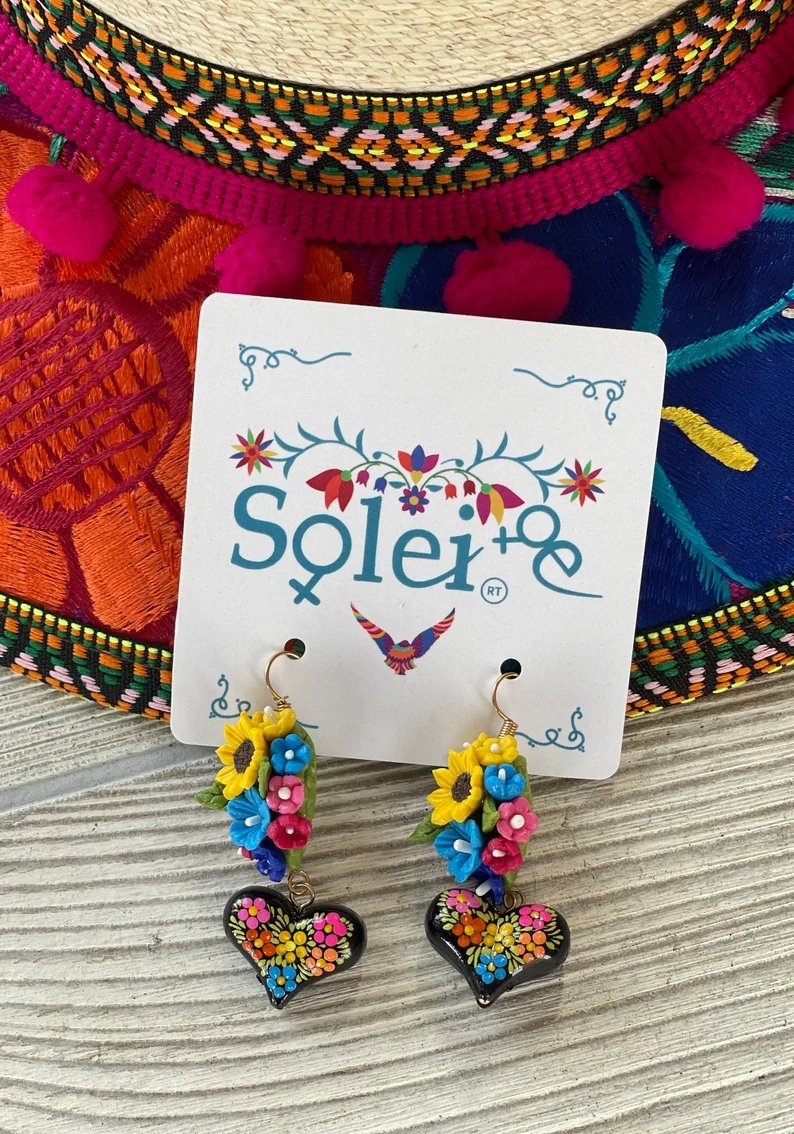 Mexican Artisanal Cold Porcelain Clay Handmade Sunflower Earrings. Arete Pintado Girasol - Solei Store