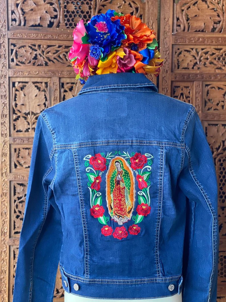 Mexican Artisanal Embroidered Frida Kahlo Jean Jacket. Chamarra Viva la Vida. - Solei Store