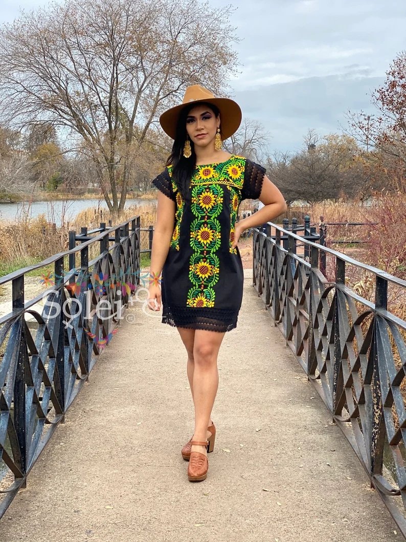 Mexican Artisanal Embroidered Sunflower Dress. Vestido Reyna Girasol - Solei Store