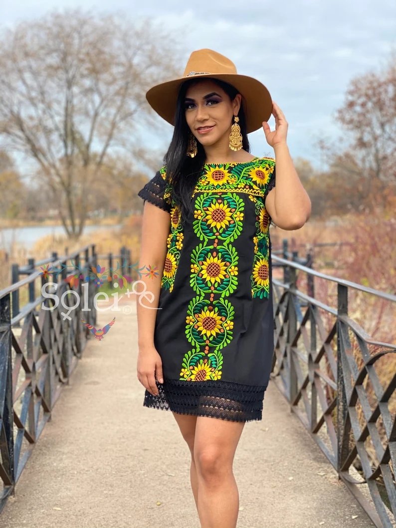 Mexican Artisanal Embroidered Sunflower Dress. Vestido Reyna Girasol - Solei Store