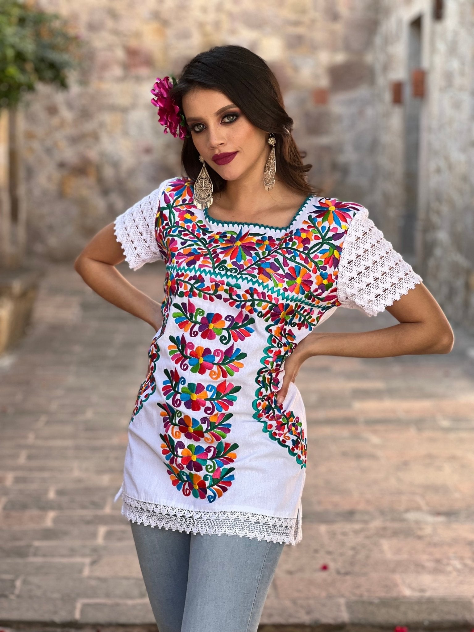Mexican Artisanal Floral Embroidered Blouse. Blusa Otomi Floral. - Solei Store