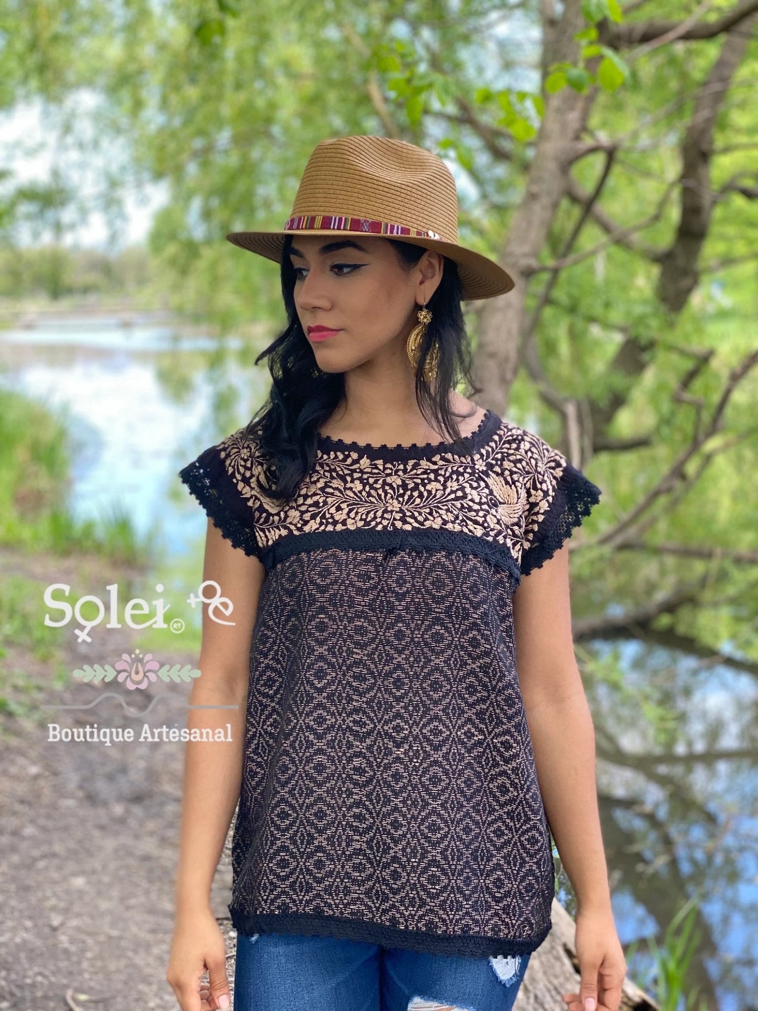 Mexican Artisanal Floral Embroidered Blouse Made on a Loom. Mitla Dorada Blouse - Solei Store