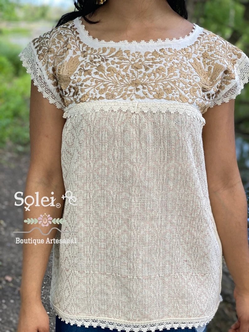 Mexican Artisanal Floral Embroidered Blouse Made on a Loom. Mitla Dorada Blouse - Solei Store