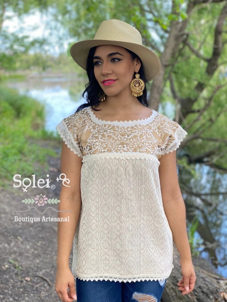 Mexican Artisanal Floral Embroidered Blouse Made on a Loom. Mitla Dorada Blouse - Solei Store