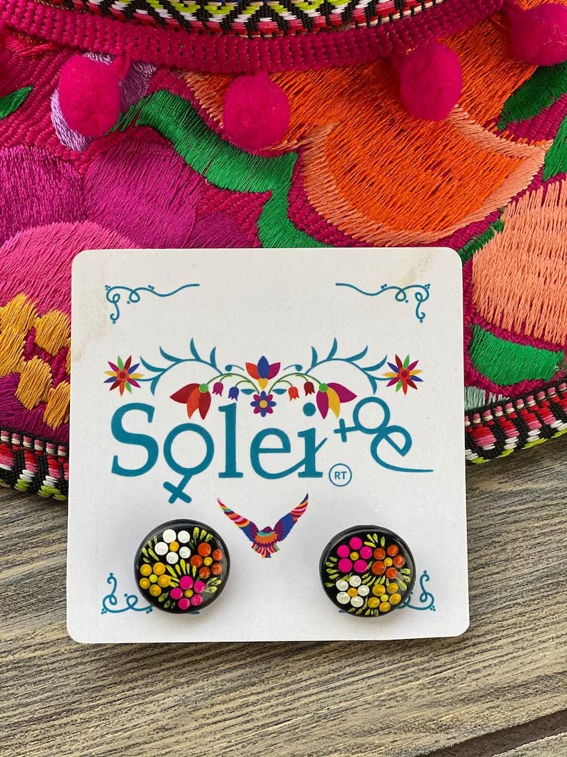 Mexican Artisanal Floral Hand Painted Stud Earrings. Aretes Boton. - Solei Store