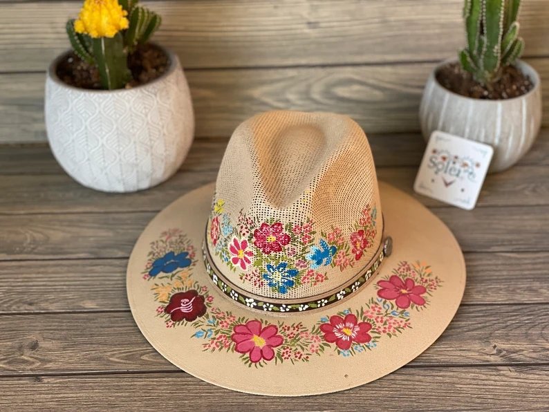 Mexican Artisanal Hat. Colorful Floral Hat Hand Painted. Sombrero Barbara - Solei Store