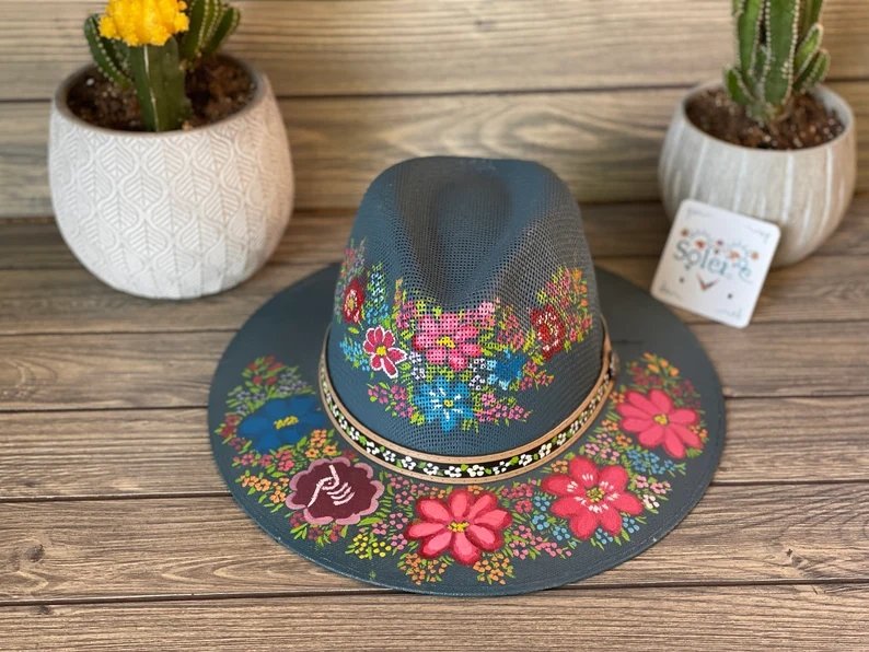 Mexican Artisanal Hat. Colorful Floral Hat Hand Painted. Sombrero Barbara - Solei Store