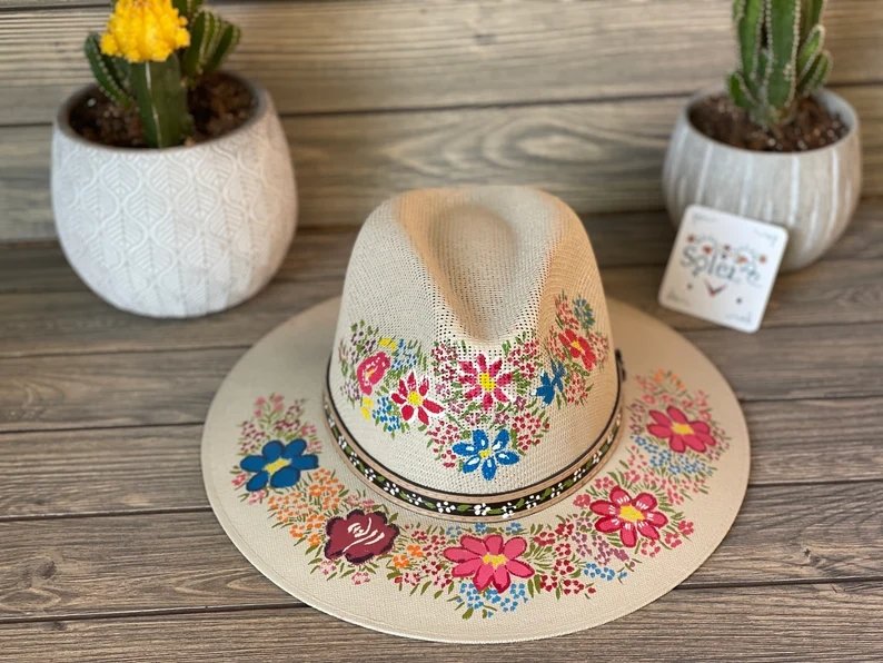 Mexican Artisanal Hat. Colorful Floral Hat Hand Painted. Sombrero Barbara - Solei Store