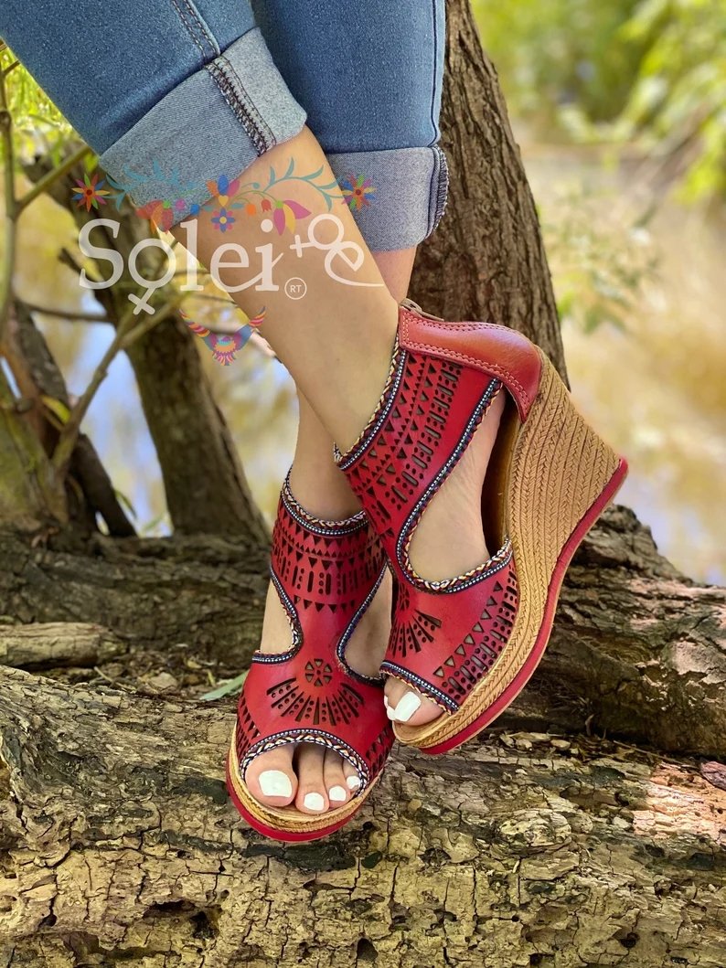 Mexican Artisanal Leather Wedge Heels. Azteca Heels - Solei Store