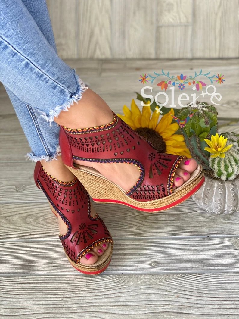 Mexican Artisanal Leather Wedge Heels. Azteca Heels - Solei Store