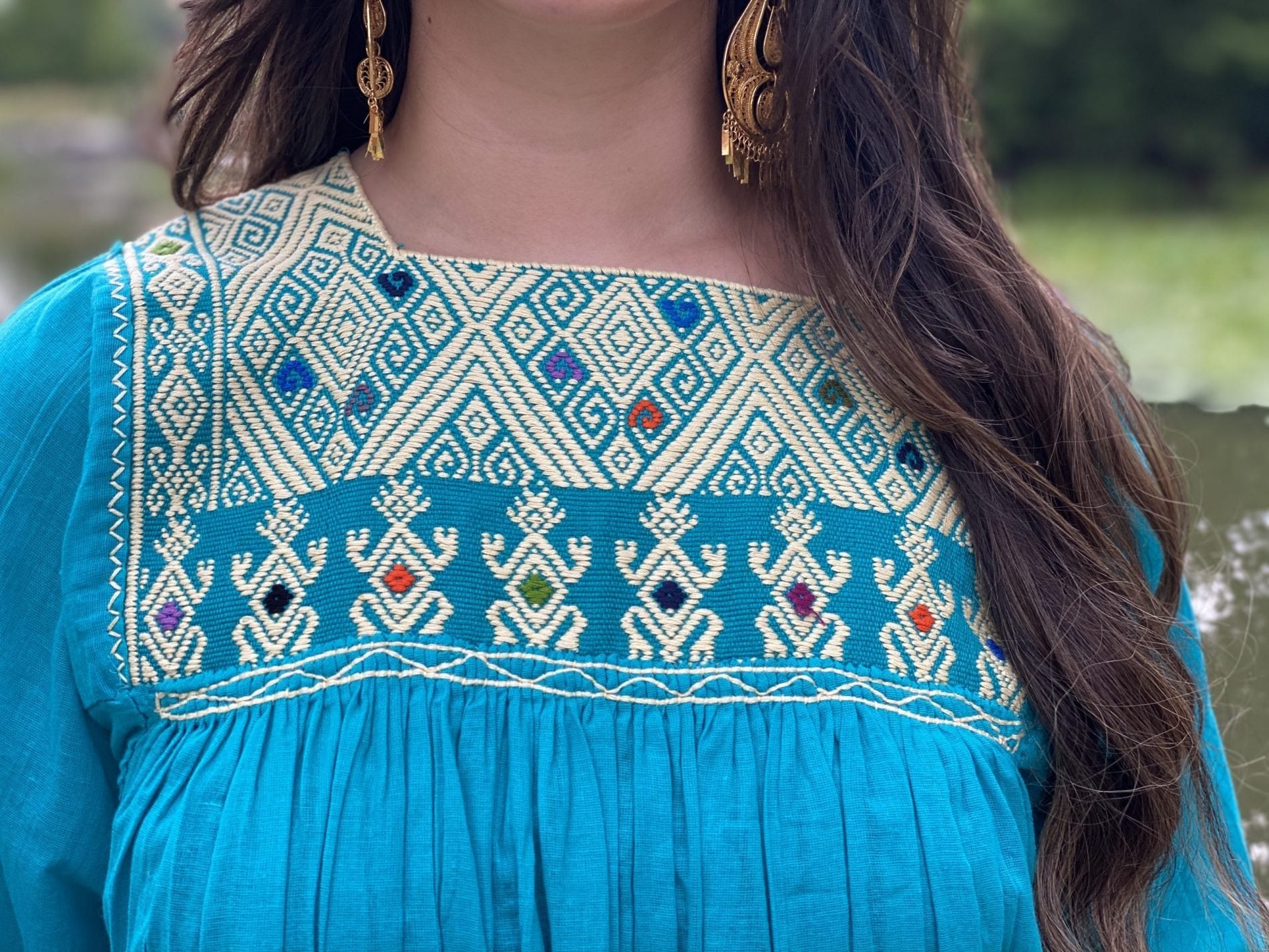 Mexican Artisanal Mid-Calf Dress. Embroidered Dress Made on a Loom. Traditional Mexican Dress. - Solei Store