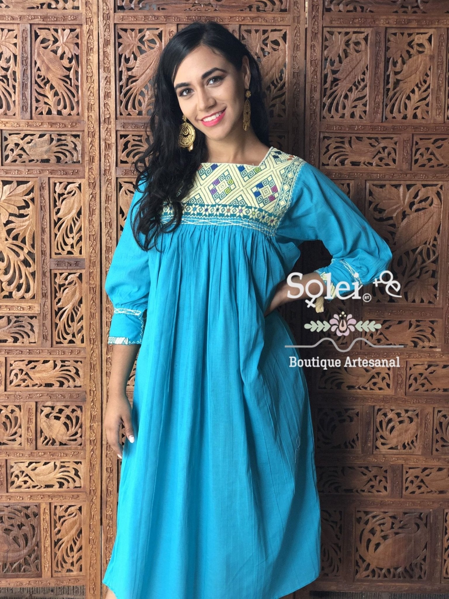 Mexican Artisanal Mid-Calf Dress. Embroidered Dress Made on a Loom. Traditional Mexican Dress. - Solei Store