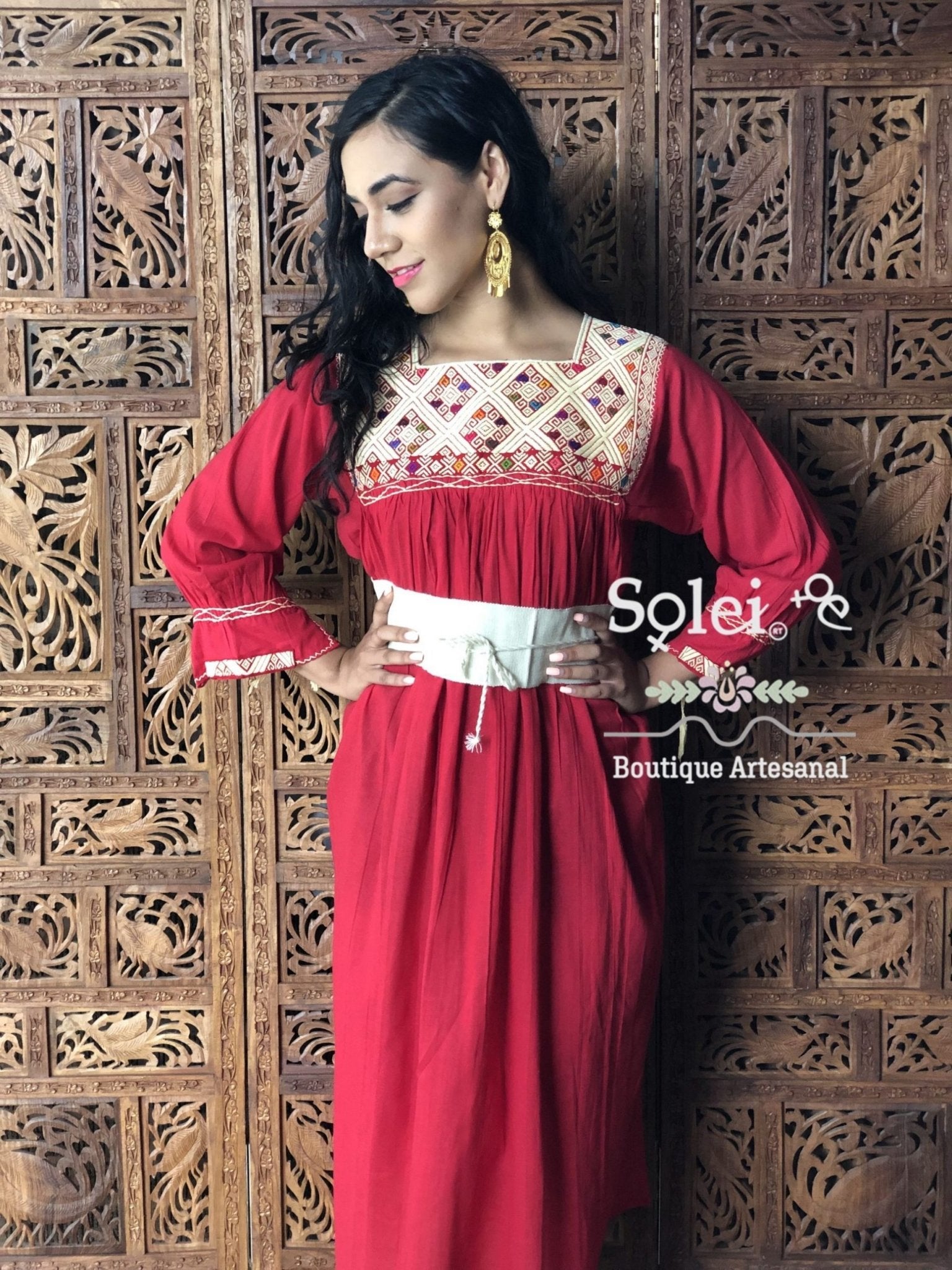 Mexican Artisanal Mid-Calf Dress. Embroidered Dress Made on a Loom. Traditional Mexican Dress. - Solei Store