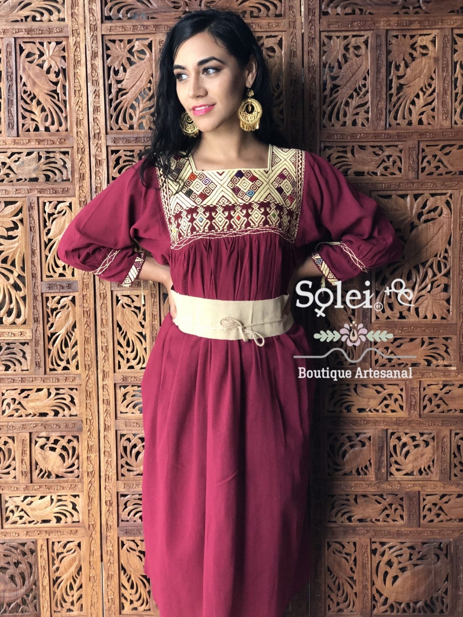 Mexican Artisanal Mid-Calf Dress. Embroidered Dress Made on a Loom. Traditional Mexican Dress. - Solei Store