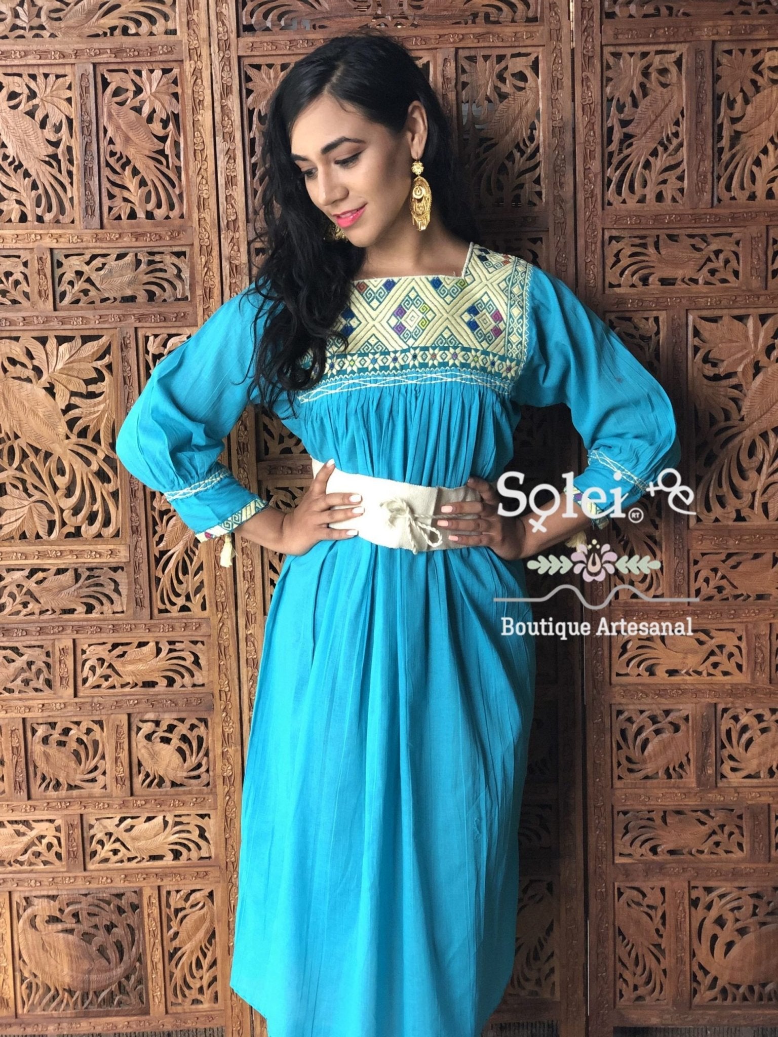 Mexican Artisanal Mid-Calf Dress. Embroidered Dress Made on a Loom. Traditional Mexican Dress. - Solei Store