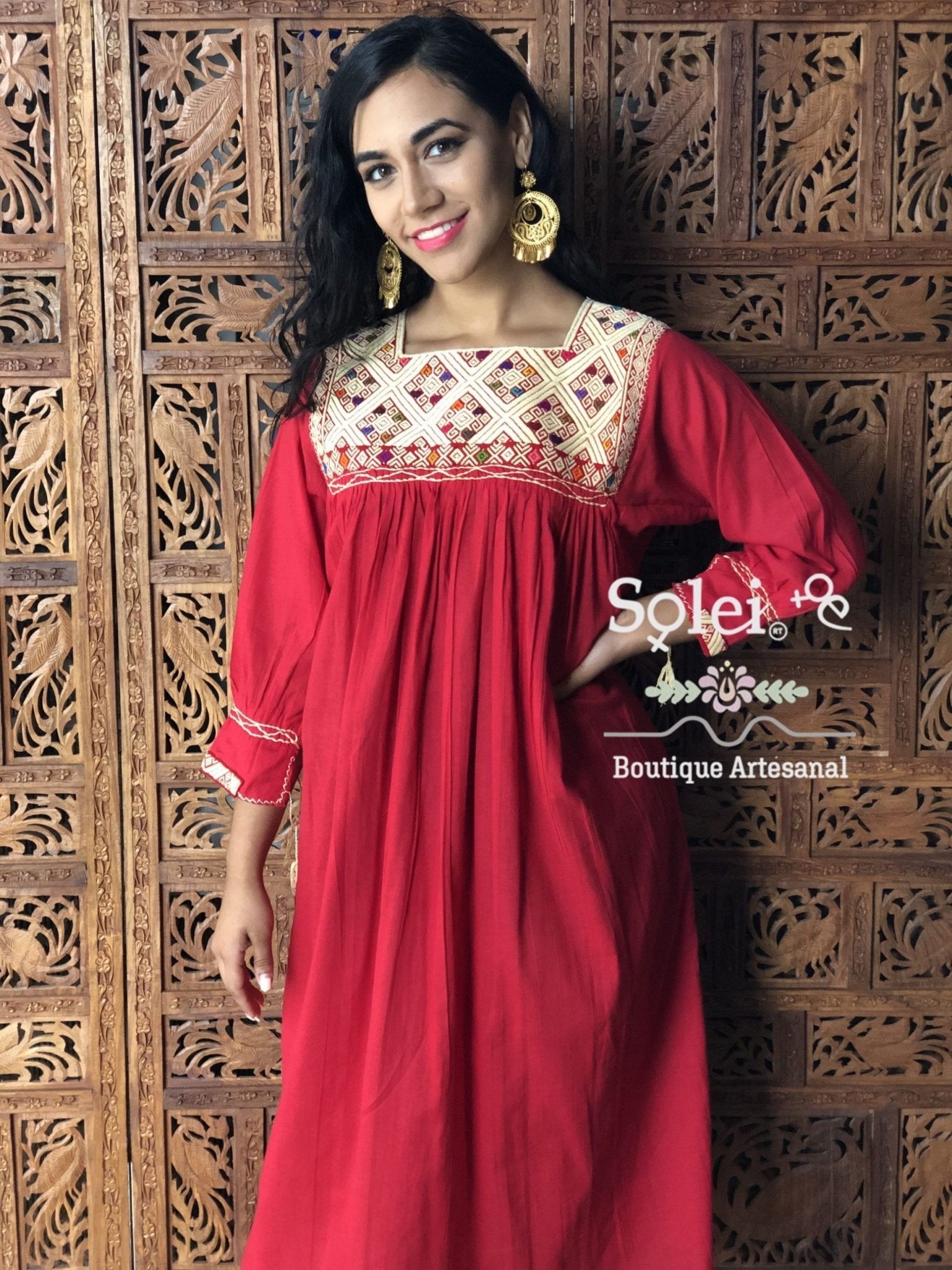 Mexican Artisanal Mid-Calf Dress. Embroidered Dress Made on a Loom. Traditional Mexican Dress. - Solei Store