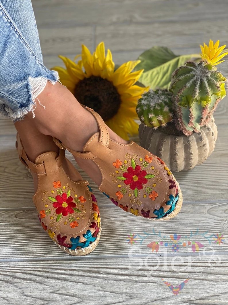 Mexican Artisanal Multicolor Leather Sandals with Buckle. Veronica Sandals - Solei Store