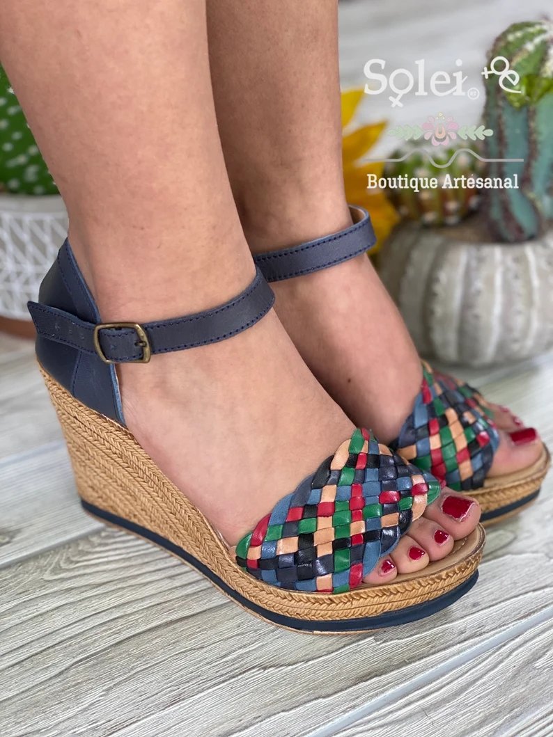 Mexican Artisanal Multicolor Wedge Heels. Soraya Navy Blue Heels - Solei Store
