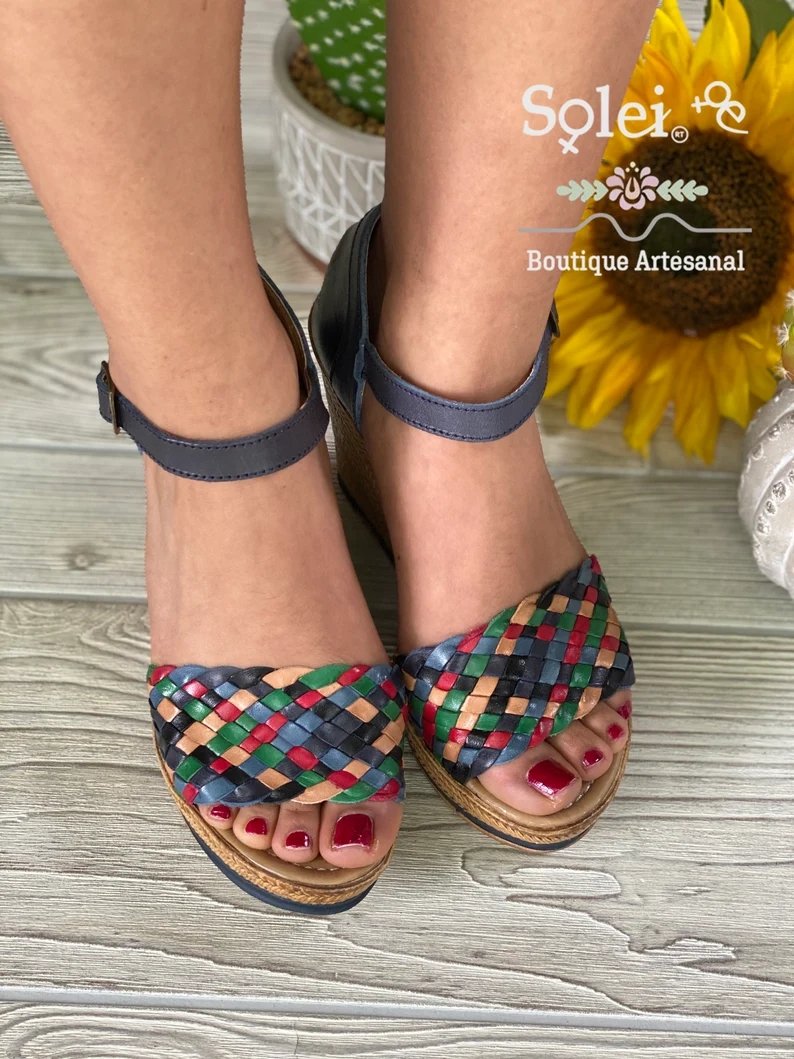 Mexican Artisanal Multicolor Wedge Heels. Soraya Navy Blue Heels - Solei Store