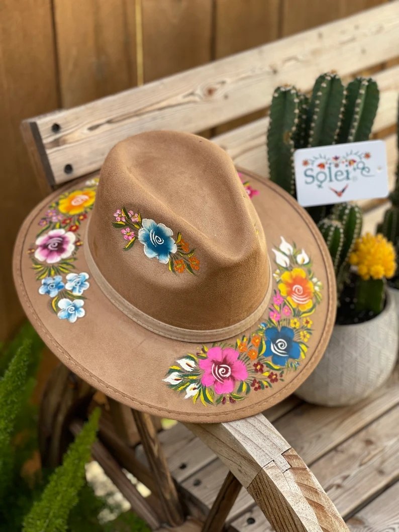 Mexican Artisanal Suede Floral Hand Painted Hat. Sombrero Irma - Solei Store